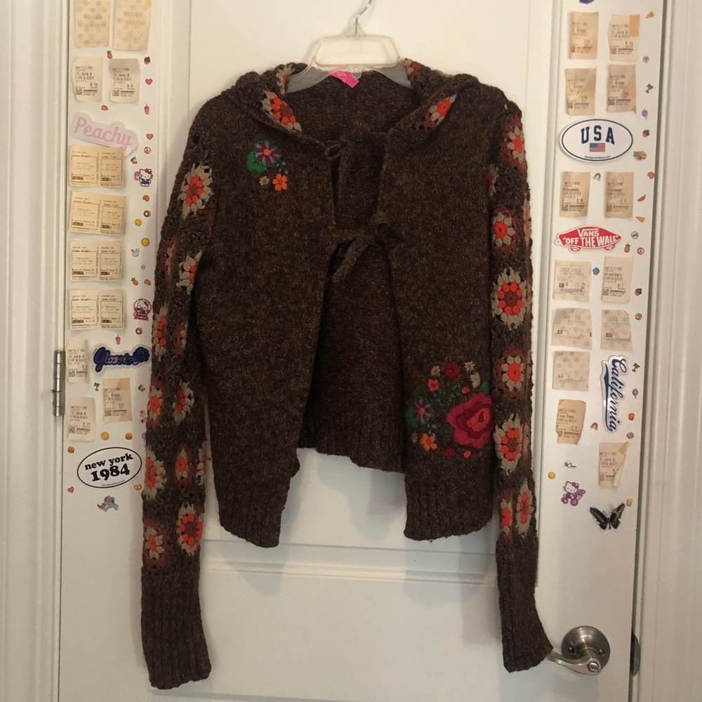 Brown and Orange Crochet Hooded Sweater